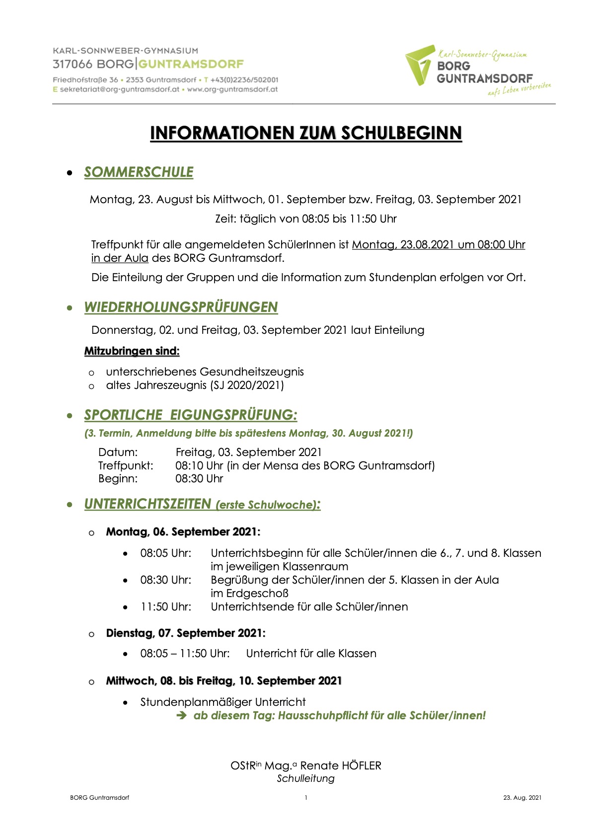 Informationen zu Schulbeginn